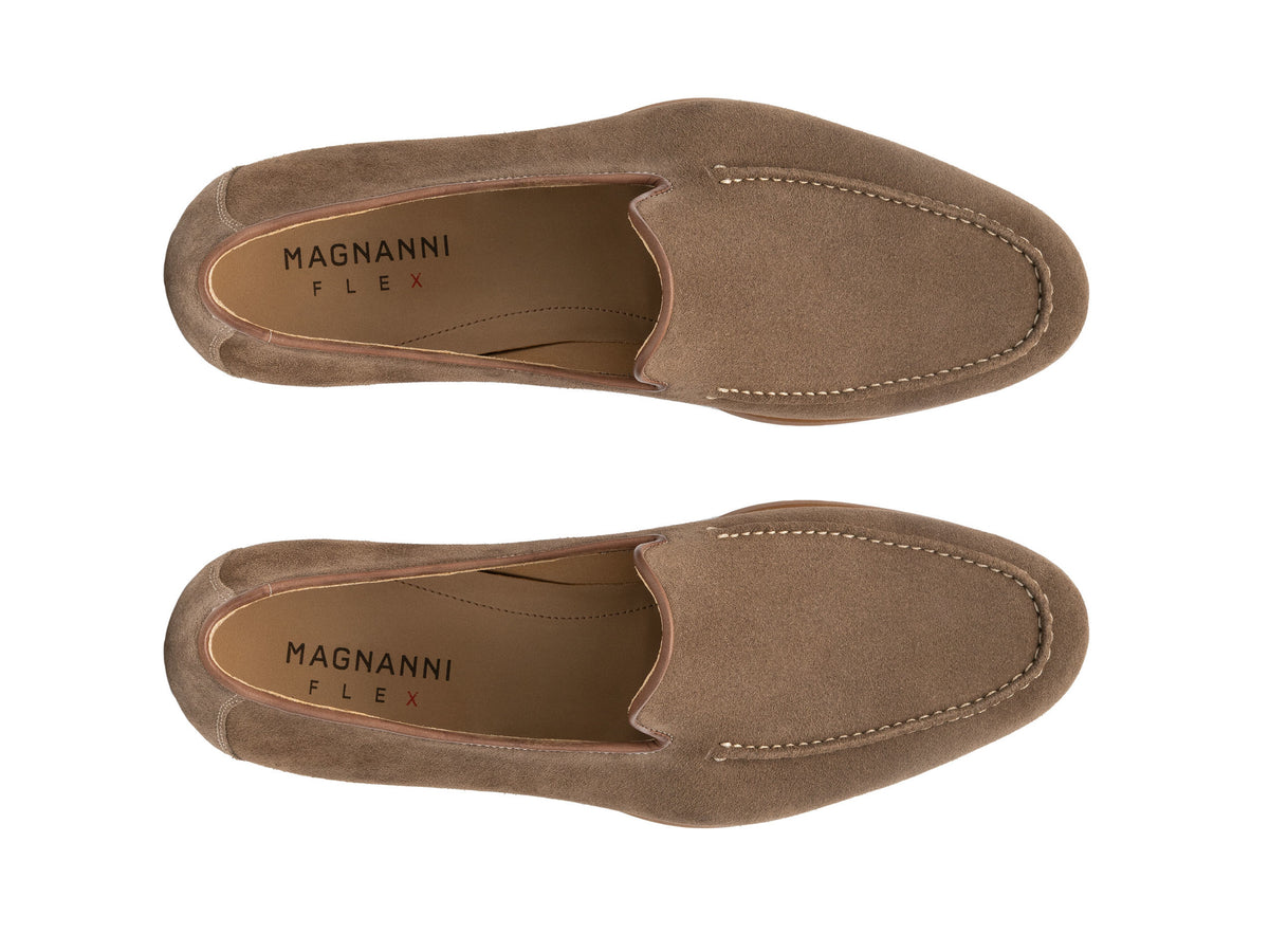 A pair of Magnanni Lecera II Suede Loafers in brown, crafted with a leather upper, are displayed from above on a white background and feature a lightweight rubber sole for enhanced comfort and style.