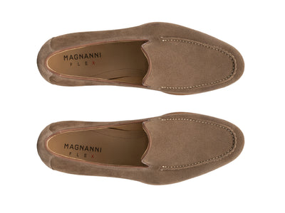 A pair of Magnanni Lecera II Suede Loafers in brown, crafted with a leather upper, are displayed from above on a white background and feature a lightweight rubber sole for enhanced comfort and style.