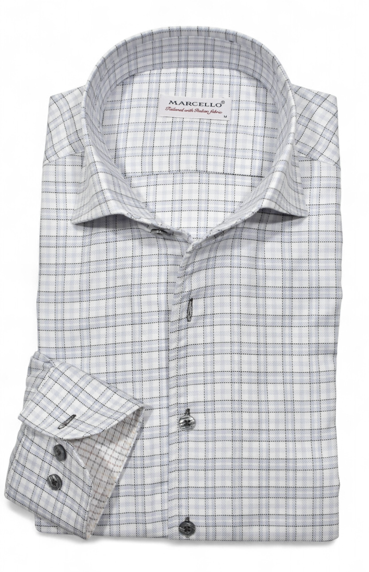 The Marcello Steel Plaid Sport Shirt DS115 by Marcello is a soft cotton, long-sleeve shirt featuring a button-up front, one-piece collar, and a light gray and blue checked pattern.