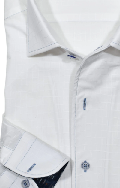 Marcello Barney White Sport Shirt W-081R by Marcello features a faint grid pattern, blue button stitching, contrast trim on collar and cuffs, and a stylish one-piece roll collar for a modern touch.