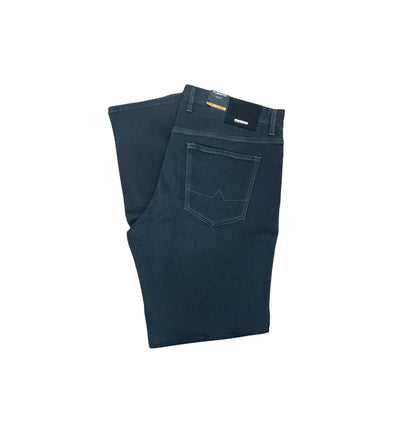 The Alberto Tencel Pipe Jeans 1662 by Alberto are folded neatly, highlighting their dark blue premium cotton design with classic five pockets and visible tags on the back pocket and waistband.
