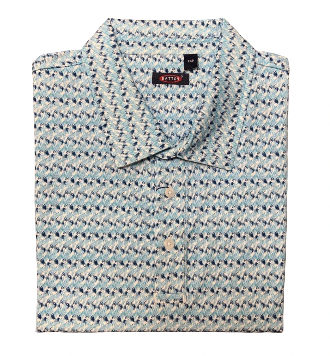 The Batton Lawrence Polo Big & Tall 6105-99 SS by Batton is a folded light blue patterned polo with a collar and three buttons, made from moisture-wicking fabric, displayed on a white background.