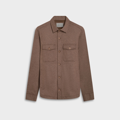 Brown long-sleeve Bugatchi Button Shirt Jacket KX9015JS1 with two chest pockets and a collar, displayed against a plain white background.
