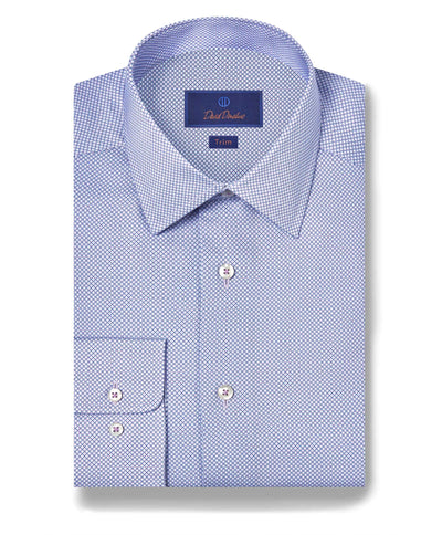 The David Donahue Medallion Prt Shirt TBSP11009 is a light blue, trim fit dress shirt with a micro geometric print, buttoned collar, single button cuff, and crafted from soft Pima cotton.