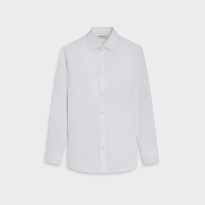 A crisp white Bugatchi Julian Tonal Geometric Jacquard Shirt (KS4001L3S) with long sleeves, a button-up front, and a classic collar is displayed on a flat, light background. This stylish wrinkle-resistant dress shirt from Bugatchi combines comfort and sophistication for any occasion.