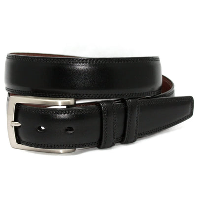 The Torino Italian Burnished Kipskin Leather Belt Big & Tall by Torino, featuring black Italian leather and a silver rectangular buckle, is shown coiled neatly on a white background.