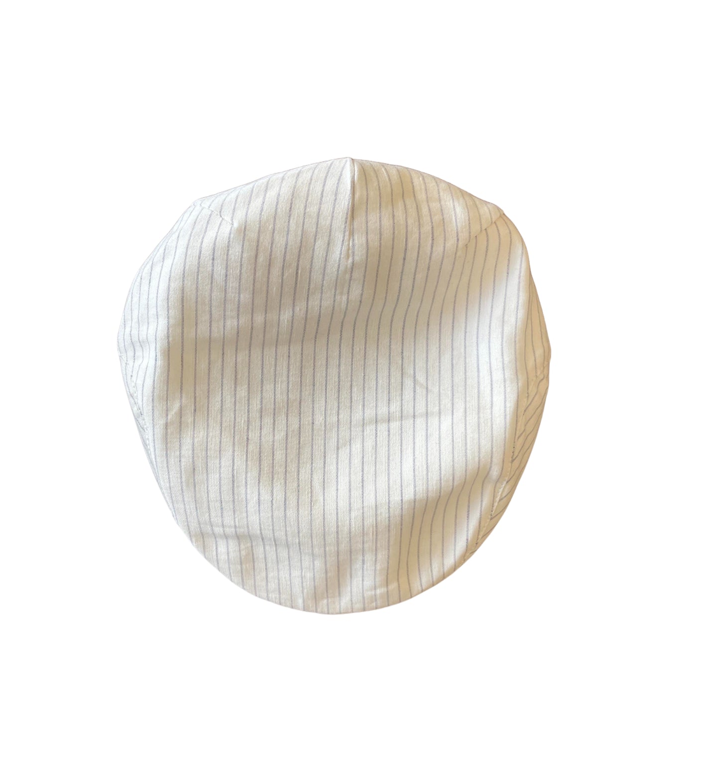 The Wigens Linen Ivy Cap 90483 is a white cap with thin vertical grey pinstripes, a narrow shaped crown, and a short curved peak, shown from above on a plain white background.
