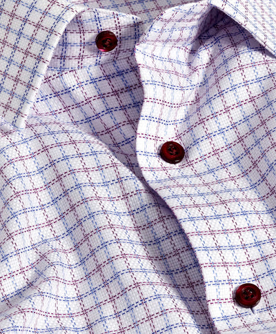 Close-up of the David Donahue Blue/Berry Check Prt Shirt TBSP11808, showcasing a textured check pattern, red buttons, and a crisp spread collar, expertly crafted from premium pima cotton.