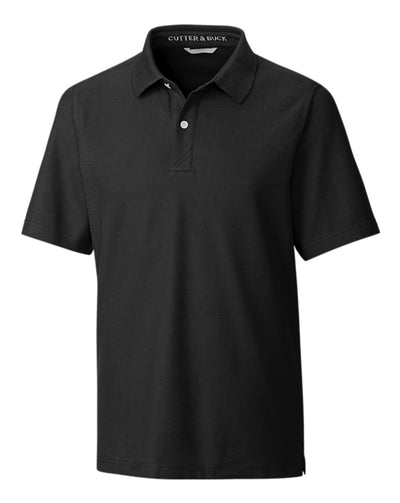 The Cutter & Buck Breakthrough Polo Big & Tall is a plain black short-sleeve polo with a collar and two buttons, made from moisture-wicking fabric. It’s shown on a white background with the Cutter & Buck label inside the collar.