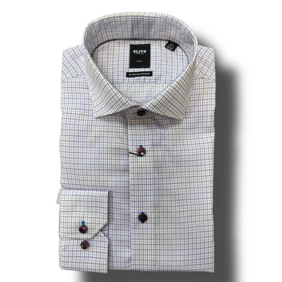 The Elite E-2357103 Lavender Check Dress Shirt by Elite features a neatly folded, long-sleeve 100% cotton design with a lavender check pattern, dark buttons, and a visible brand label inside the collar.