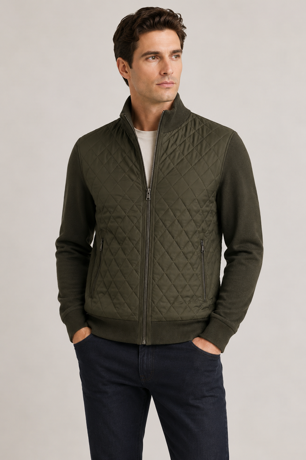A man wearing the Enzo Axel Quilted Jacket by Enzo in olive green—featuring a high collar—paired with dark jeans, stands with his hands in his pockets against a plain light background.