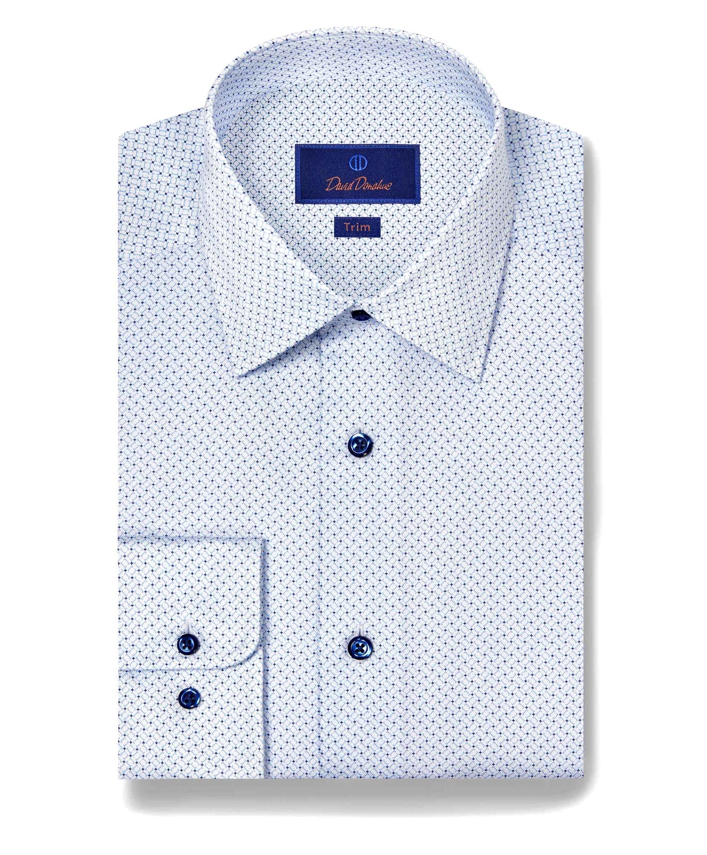 A neatly folded light blue David Donahue Geometric Prt Shirt TBSP11205 features a subtle geometric pattern, dark blue buttons, and a "David Donahue Trim" label.