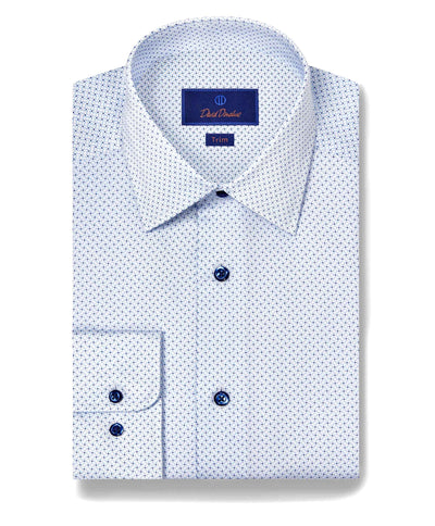 A neatly folded light blue David Donahue Geometric Prt Shirt TBSP11205 features a subtle geometric pattern, dark blue buttons, and a "David Donahue Trim" label.
