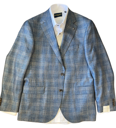 The Jack Victor Sport Coat 1261310 by Jack Victor, featuring a blue windowpane pattern and notch lapels, is paired with a white dress shirt and displayed flat.