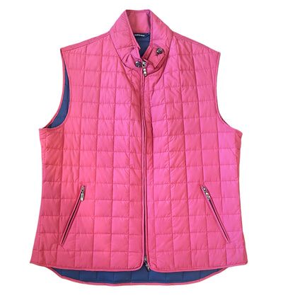 St. Croix Quilted Vest 7051 for men in pink, classic fit with sleeveless design, stand-up collar, zip front closure, and two zippered side pockets. Displayed on a white background.