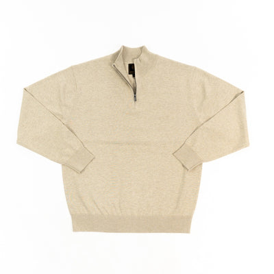 The F/X Fusion Big & Tall 1/4 Zip Mock Sweater 9040 features a beige long-sleeve design with a short mock neck collar and quarter-zip closure, shown laid flat on a white background.