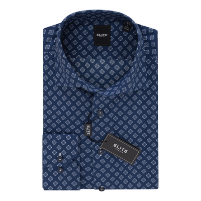 A neatly folded Elite Geo Print Sport Shirt ESP2565056 by Elite in blue with a white geometric pattern features slim-fit tags on the top button and collar.