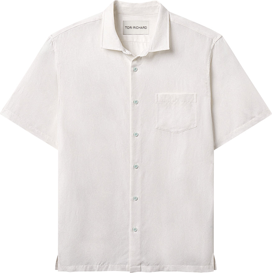 The Tori Richard Jacquard Symmetree SS T0127M0299 is a light beige, short-sleeve button-up shirt with a chest pocket and collar, shown on a plain white background.