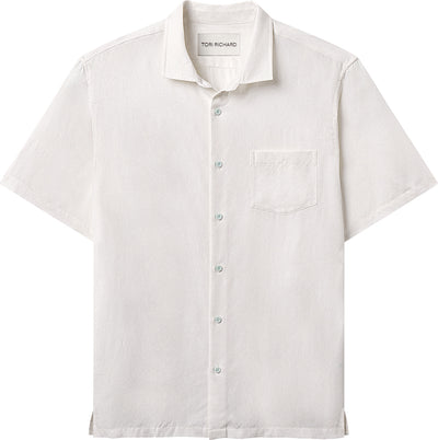 The Tori Richard Jacquard Symmetree SS T0127M0299 is a light beige, short-sleeve button-up shirt with a chest pocket and collar, shown on a plain white background.