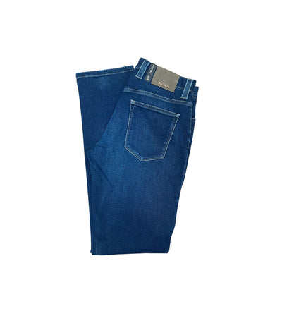 A pair of folded Alberto PIPE Denim 1266 jeans in blue premium denim, featuring a visible back pocket and a gray Alberto brand label on the waistband, set against a white background.