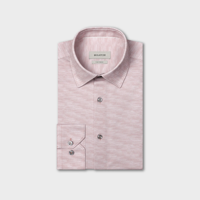 A folded light pink Bugatchi James Herringbone Sport Shirt (KF9508K60) with a subtle herringbone pattern, buttoned collar and cuffs, crafted from wrinkle-resistant performance fabric by Bugatchi, displayed against a plain white background.