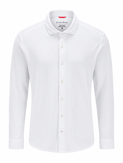 Displayed on a plain white background, the Stone Rose ORIGIN - Long Sleeve T-Series Sport Shirt is a long-sleeve, button-up shirt with a collar, crafted from breathable DryTouch polyester by Stone Rose for enhanced comfort and performance.