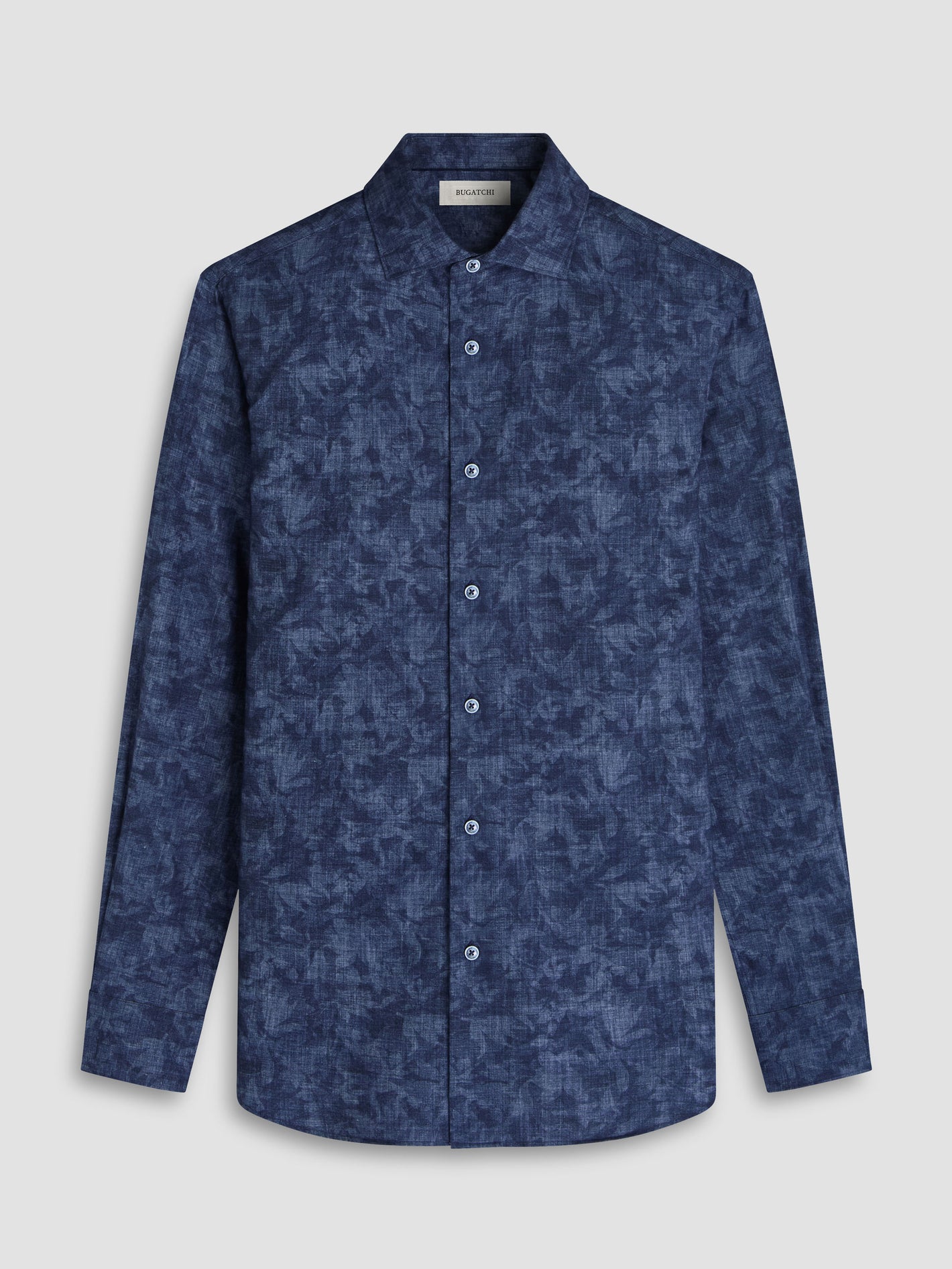 The Bugatchi Axel Woven Sport Shirt HS3050L40S by Bugatchi is a dark blue, long-sleeve cotton shirt featuring a subtle abstract pattern and spread collar, shown against a plain white background.