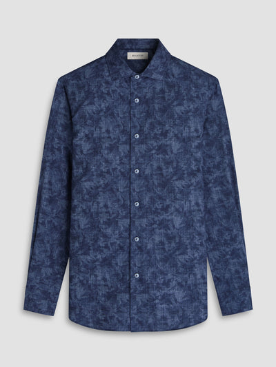 The Bugatchi Axel Woven Sport Shirt HS3050L40S by Bugatchi is a dark blue, long-sleeve cotton shirt featuring a subtle abstract pattern and spread collar, shown against a plain white background.