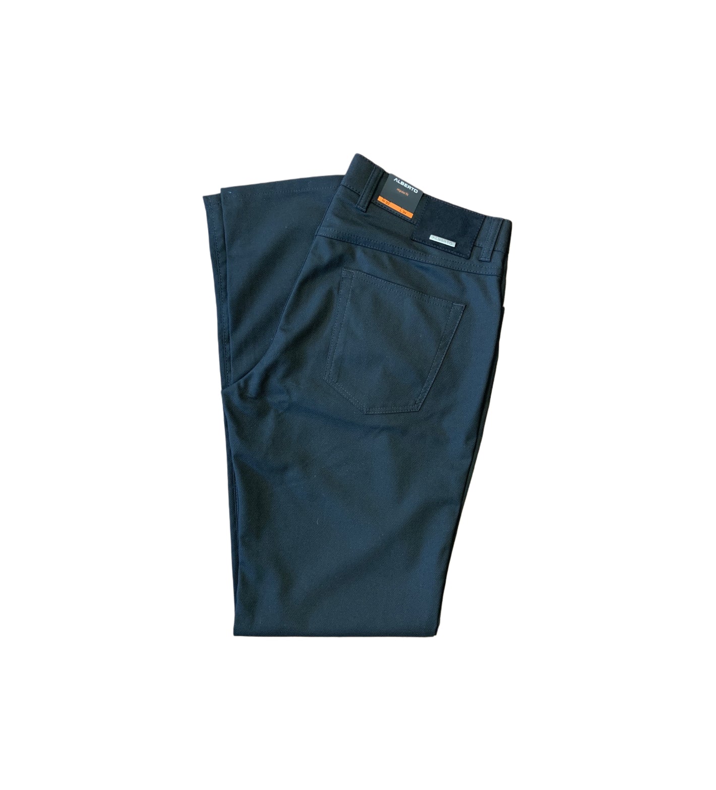 A pair of neatly folded dark blue Alberto Ceramica PIPE 1434 regular fit pants, featuring a visible back pocket and waistband tags, crafted from Italian Ceramica fabric by Alberto, displayed on a white background.