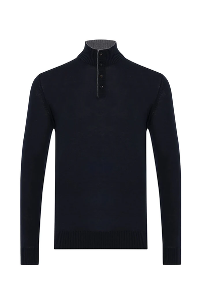 The Garnet Sweater 24220 by Garnet is a men's dark navy knit long-sleeve sweater with a high collar and four black buttons on the placket, shown against a white background.