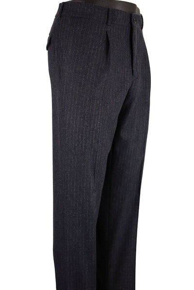 The Ballin M5661 Soho Chalkstripe Trousers by Ballin feature a dark pinstripe design, pleated front, and side pockets. Made from breathable fabric for all-day comfort, shown from the left side on a white background.