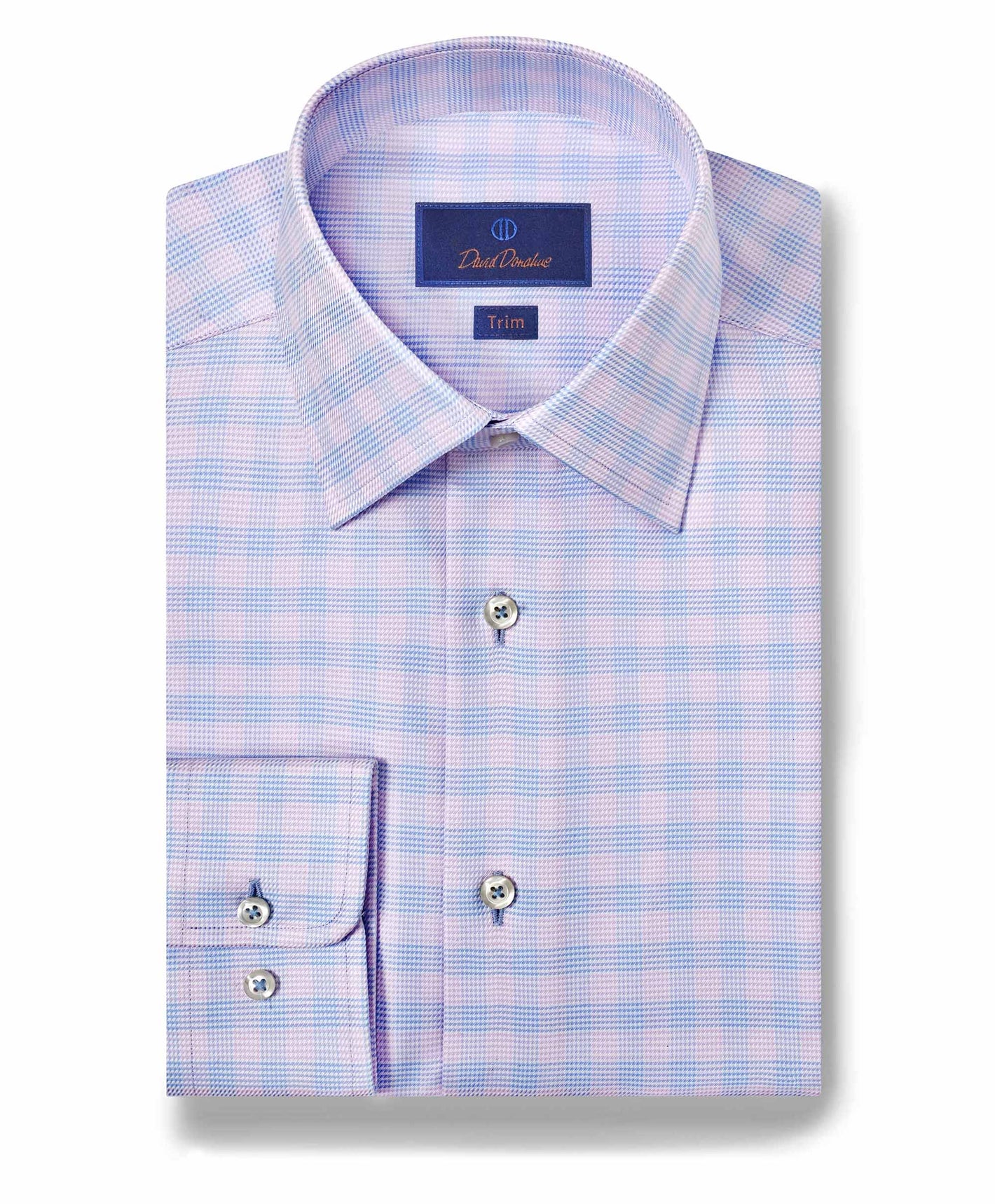 The David Donahue Twill Check TBSP10810 is a long-sleeve dress shirt in light blue and pink checkered pattern, featuring buttoned cuffs and a refined spread collar.