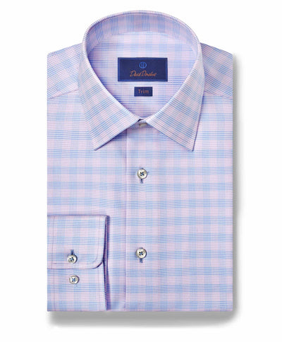 The David Donahue Twill Check TBSP10810 is a long-sleeve dress shirt in light blue and pink checkered pattern, featuring buttoned cuffs and a refined spread collar.