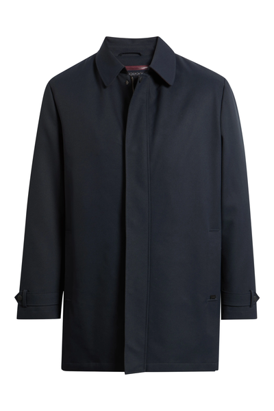 Navy blue Hart Schaffner Marx Milo Waterproof All-Weather Jacket featuring a collar, concealed front zipper, adjustable buttoned cuffs, and a removable insulated liner.