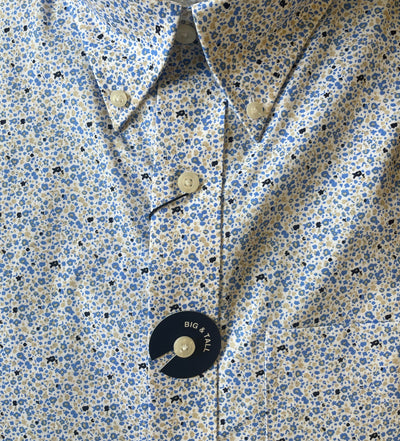 Close-up of the Batton Brenden Big & Tall LS Sport Shirt 7154-99, featuring a blue and white floral stretch print, designed by Batton for summer comfort.
