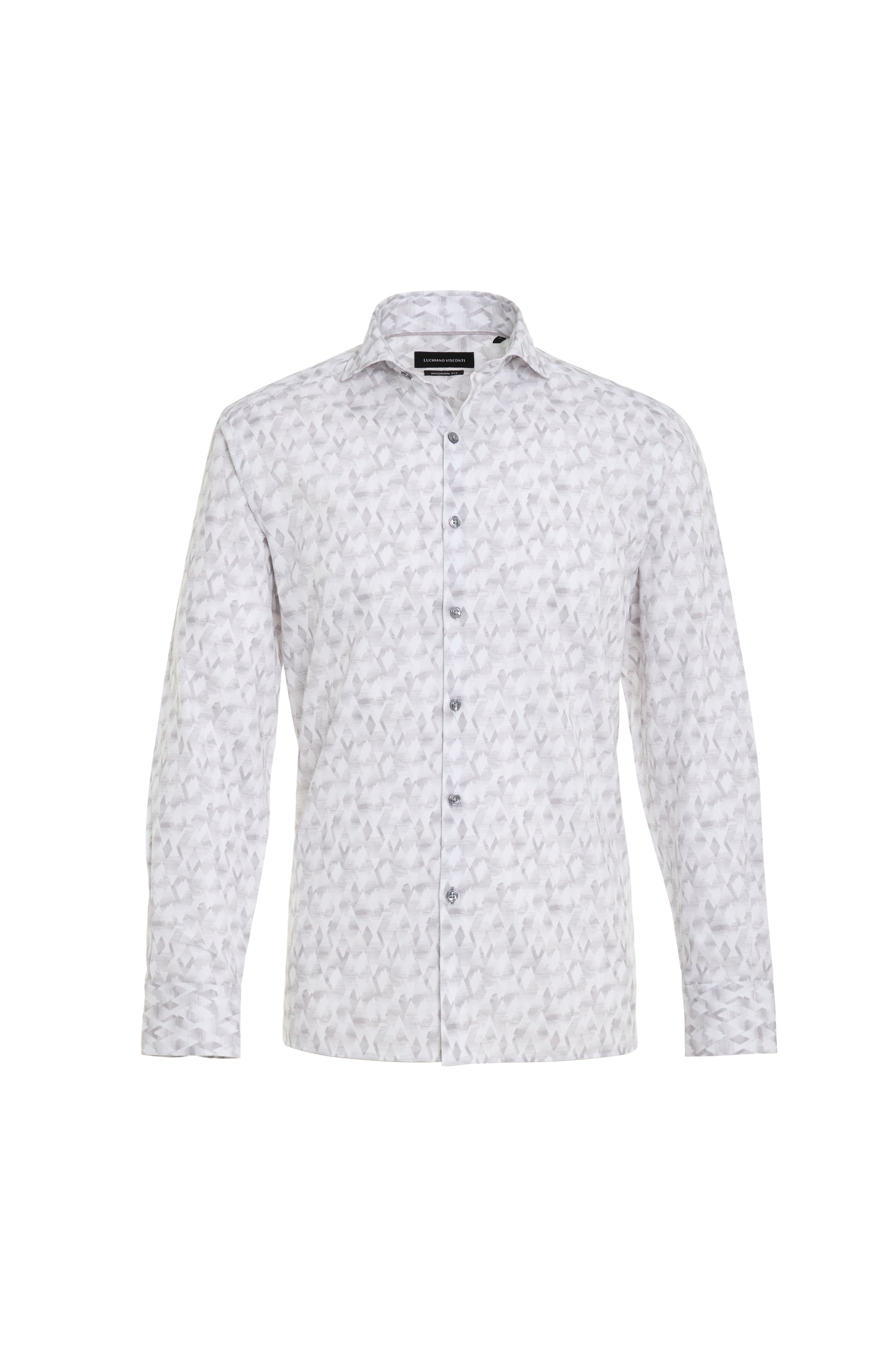 The Luchiano Visconti Visconti Grey Montagne Abstract Shirt BILSEV54 is a long-sleeve, button-up shirt with a subtle gray leaf pattern on white, representing refined Italian craftsmanship.