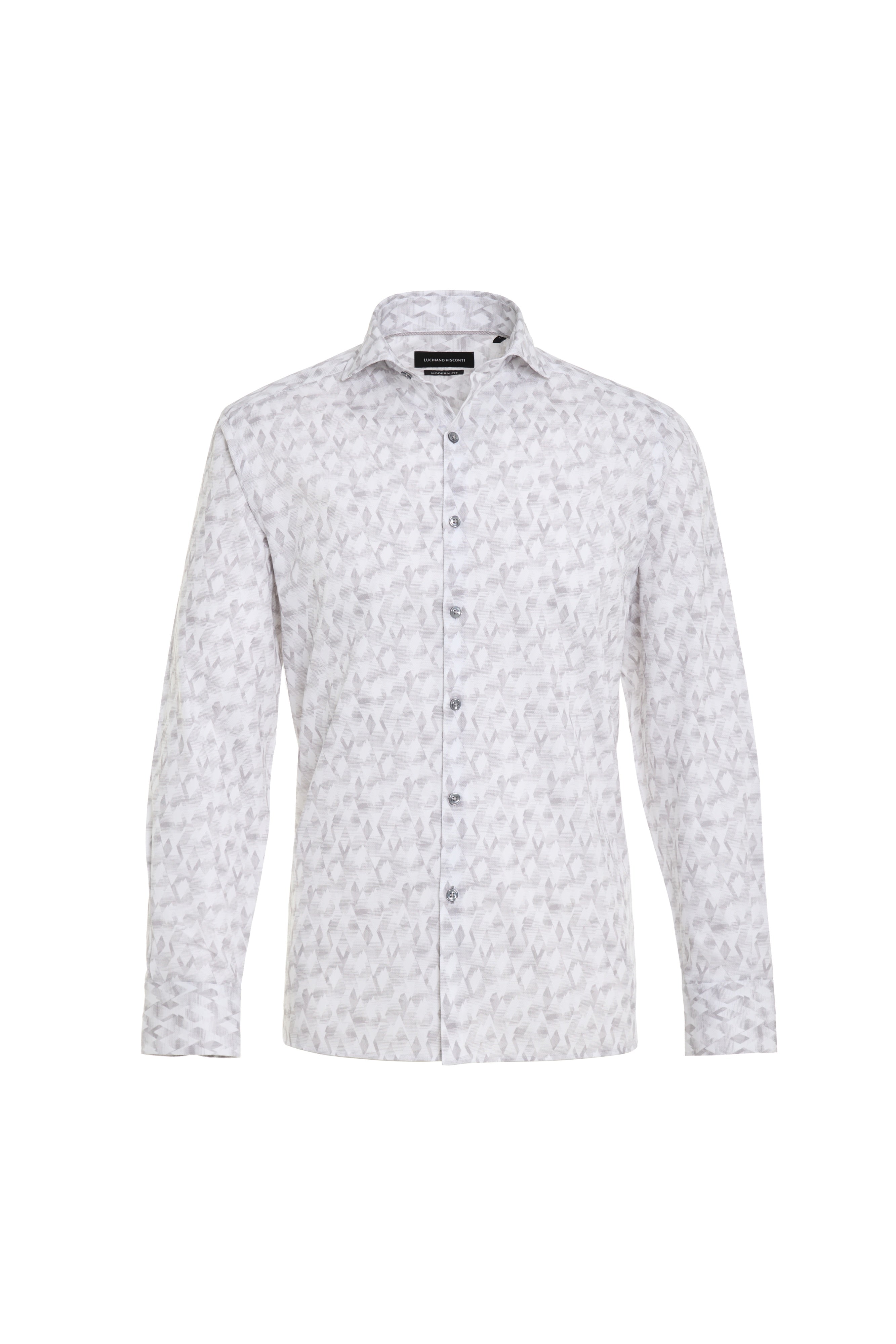 The Luchiano Visconti Visconti Grey Montagne Abstract Shirt BILSEV54 is a long-sleeve, button-up shirt with a subtle gray leaf pattern on white, representing refined Italian craftsmanship.