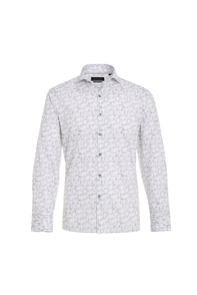 The Luchiano Visconti Visconti Grey Montagne Abstract Shirt BILSEV54 is a long-sleeve, button-up shirt with a subtle gray leaf pattern on white, representing refined Italian craftsmanship.