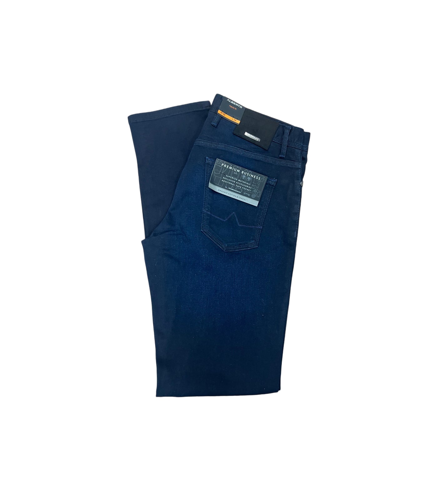 A pair of folded dark blue Alberto Tencel Pipe Jeans 1662 with a visible back pocket label and tags attached, displayed on a white background.