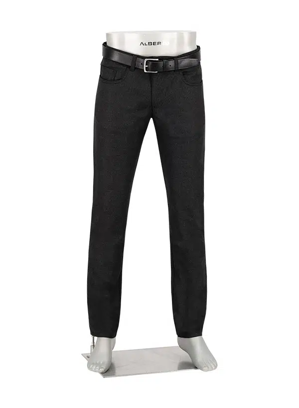 Alberto Pipe Melange Birdseye Pant 1638 by Alberto—black straight-leg pants with front and back pockets, displayed on a featureless mannequin torso. Taking inspiration from the classic style of Alberto’s five-pocket pants, these trousers are shown with a black belt threaded through the belt loops.
