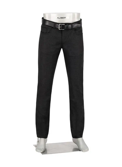 Alberto Pipe Melange Birdseye Pant 1638 by Alberto—black straight-leg pants with front and back pockets, displayed on a featureless mannequin torso. Taking inspiration from the classic style of Alberto’s five-pocket pants, these trousers are shown with a black belt threaded through the belt loops.