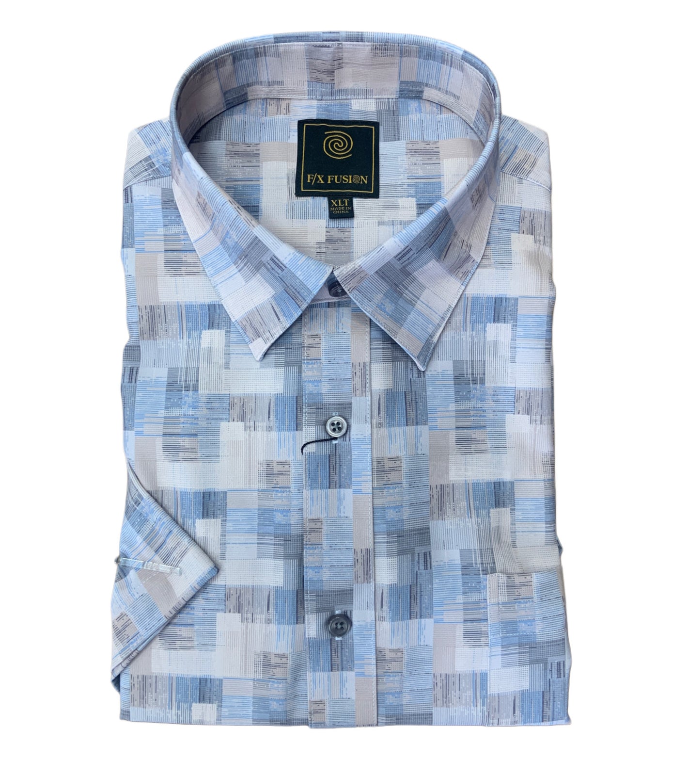 The F/X Fusion Big & Tall Men's Short Sleeve Shirt Check FW2276 features a blue, gray, and white check pattern. Lightweight and breathable, this shirt is designed for comfortable all-day wear.
