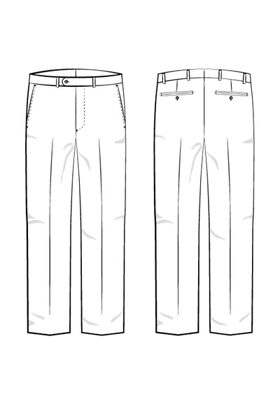 Technical flat sketch of Ballin M5317 Soho Melange Dress Pants by Ballin: men’s fall staple showing front/back views, belt loops, side pockets, and back welt pockets with buttons—ideal for a polished look.