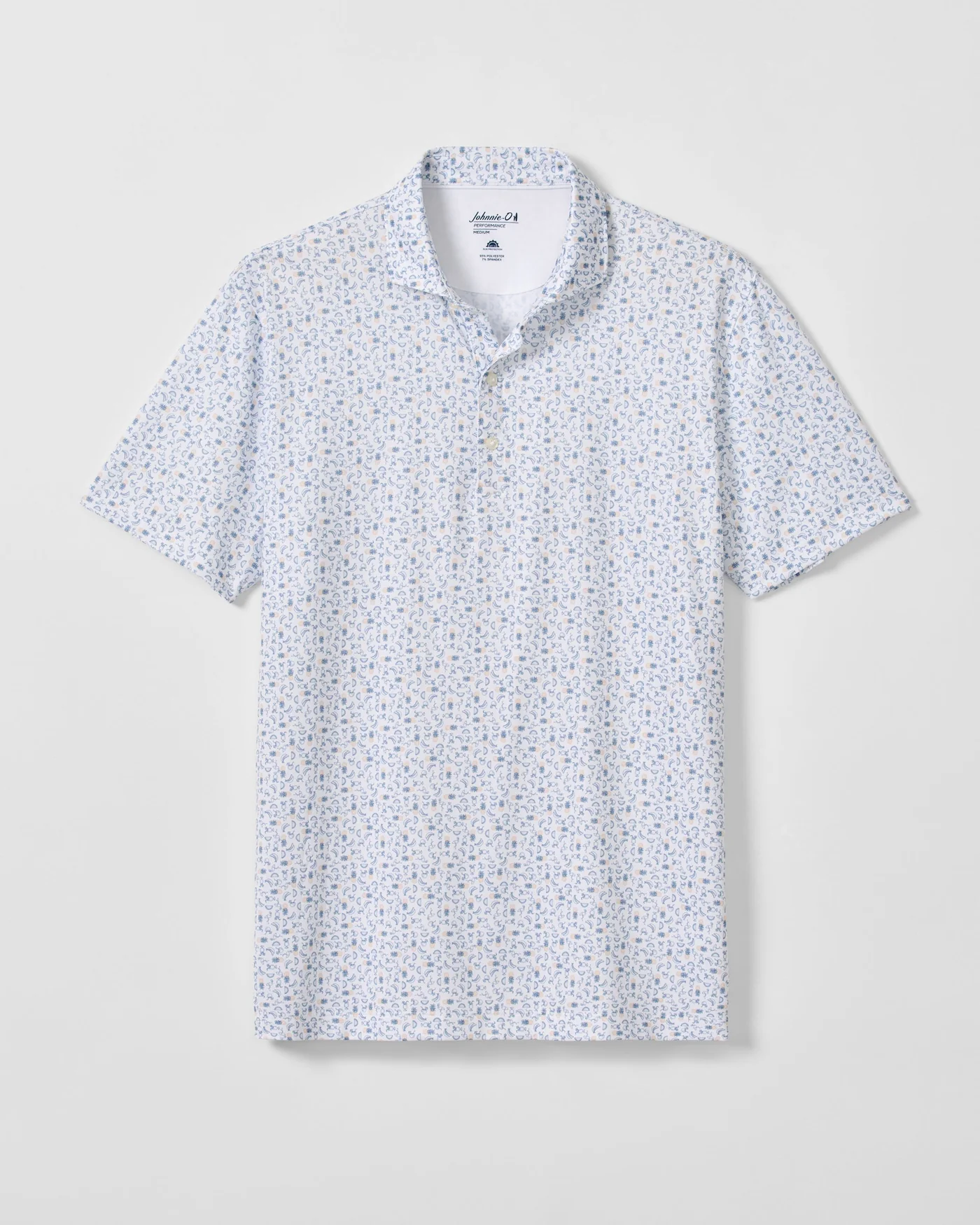 The Johnnie-O Cabana Bar Performance Jersey Polo is a short-sleeve, light-colored shirt with a subtle blue and beige floral print, shown laid flat on a plain background.