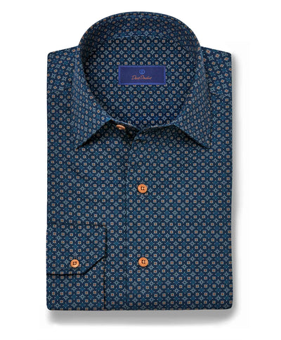 The David Donahue Micro Print Sport Shirt (CBSM11209) features a trim fit, long sleeves, navy micro geometric blue and white print, brown buttons, and a visible inner collar brand label.