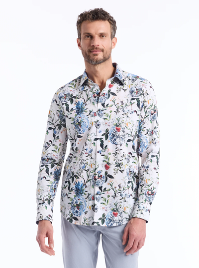 A man wearing the Robert Graham Briarcliff Woven Shirt Big & Tall—a long sleeve cotton blend sport shirt featuring a colorful botanical print of florals and fruits—stands against a plain white background.