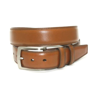The Torino Italian Burnished Kipskin Leather Belt features premium brown leather, visible edge stitching, and a silver rectangular buckle, shown coiled.