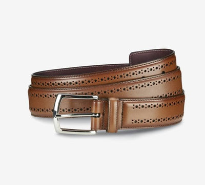 The Allen Edmonds Manistee Belt by Allen Edmonds features brown vegetable-tanned leather with brogue detailing and a silver buckle, shown coiled against a plain white background.