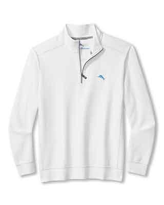 The Tommy Bahama Montego Beach 1/2 Zip is a white, lightweight knit pullover with long sleeves and a small blue marlin logo on the left chest—ideal for casual comfort.