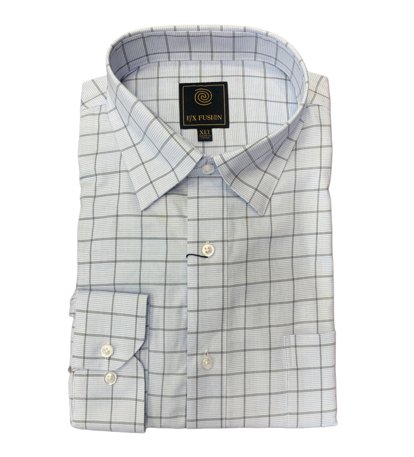 The F/X Fusion F/X Big & Tall Men's Long Sleeve Check Shirt FW2240 features a tailored fit, button-up front, cotton fabric, light blue and gray grid pattern, front pocket, and a visible brand label inside the collar.